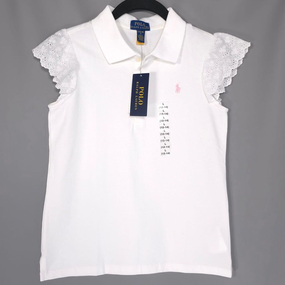 POLO RALPH LAUREN Kids Girls New Polo Shirt LARGE 12-14 White‎ Flutter Sleeve